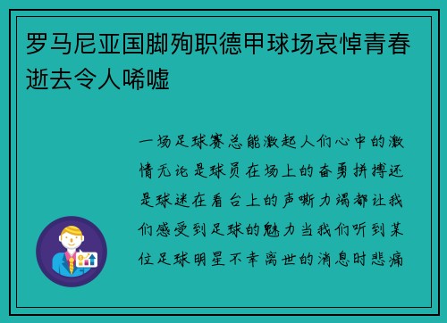 罗马尼亚国脚殉职德甲球场哀悼青春逝去令人唏嘘