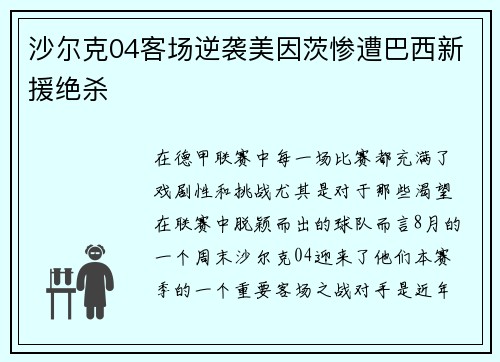 沙尔克04客场逆袭美因茨惨遭巴西新援绝杀