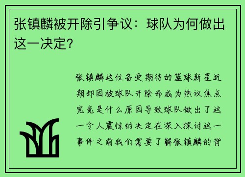 张镇麟被开除引争议：球队为何做出这一决定？